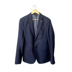 Zara Mens‎ Blazer Size 40 Navy Blue Plaid Wool Blend Button Front